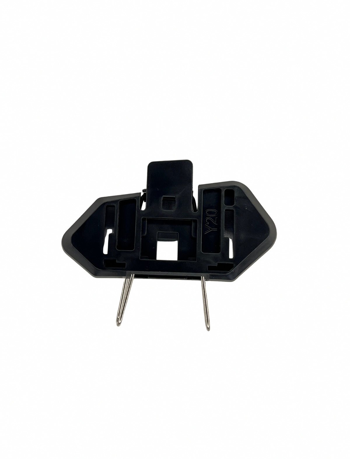 Black plastic component with two pins on a white background