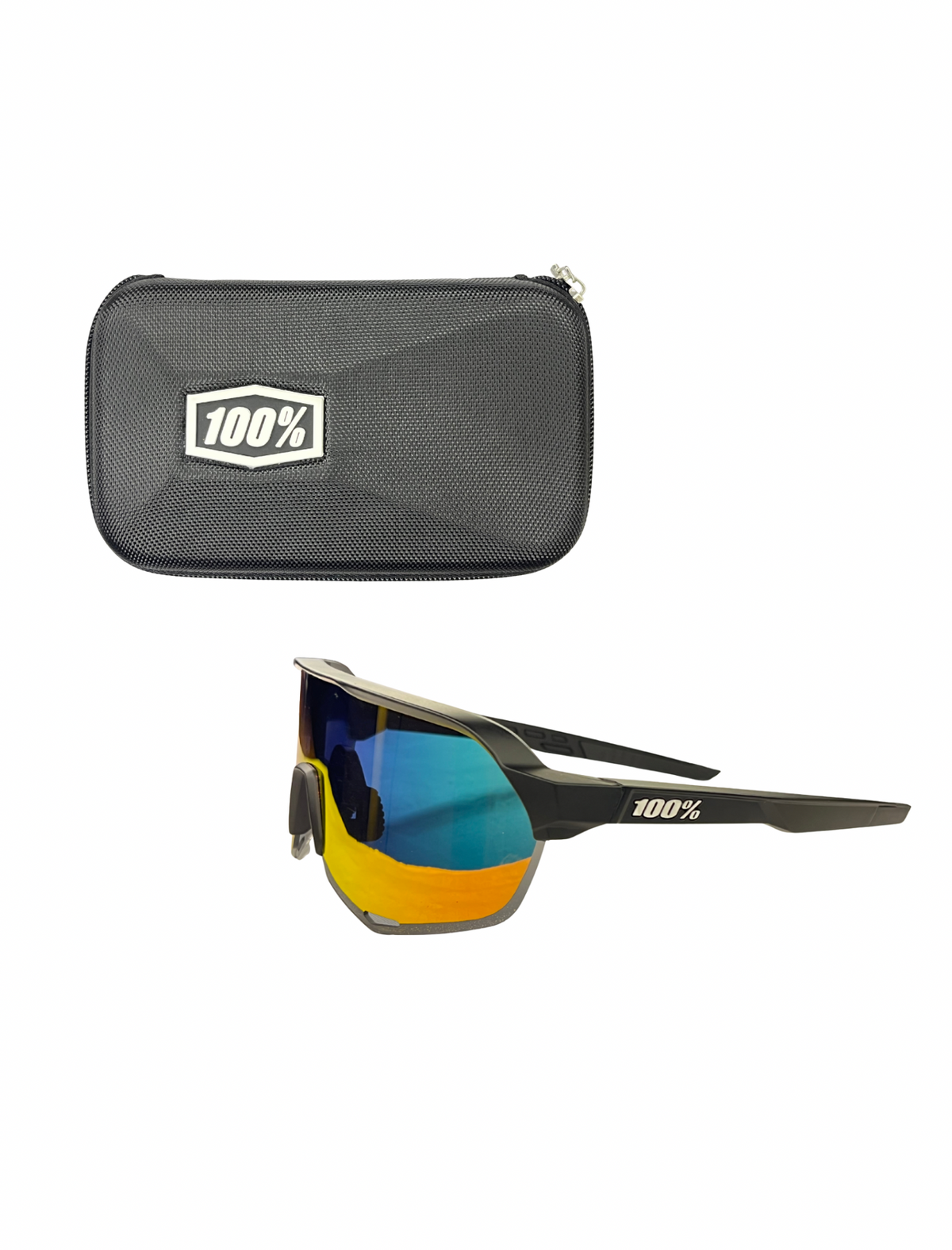 Sunglasses with a black case on a white background, featuring the 100% logo.