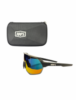 Sunglasses with a black case on a white background, featuring the 100% logo.