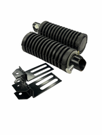 Two black metal shock absorbers with a metal bracket on a white background