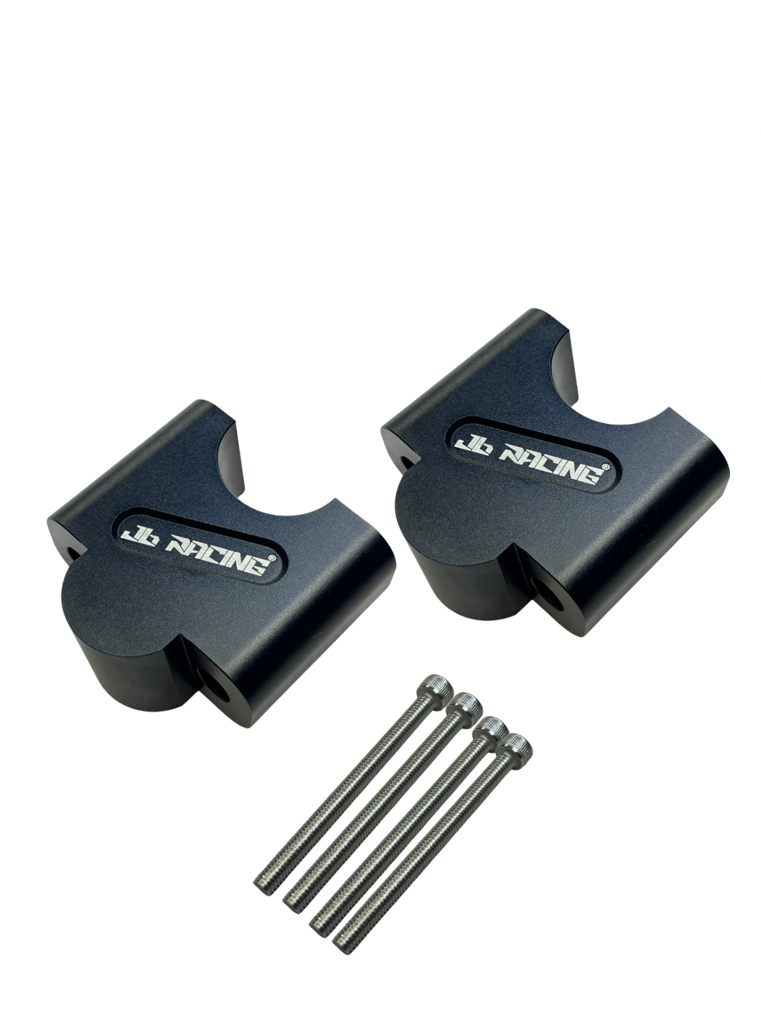 Two black JB Racing clamps with screws on a white background
