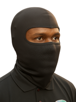 Person wearing a black balaclava against a white background
