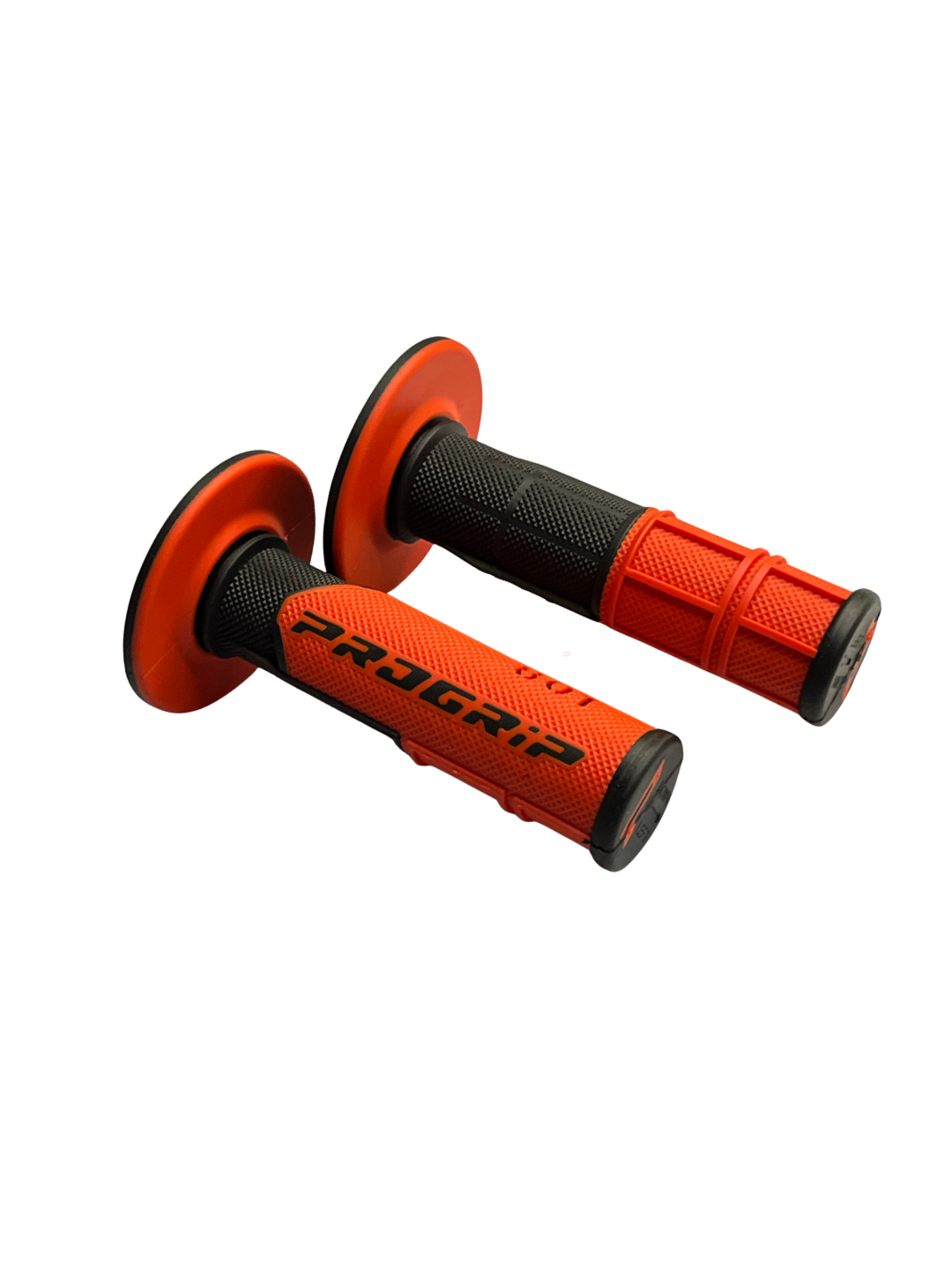 Pair of orange and black motorcycle grips with 'Progrip' branding on a white background