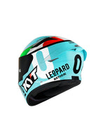KYT TT Course Leopard Replica Tricolore (Dellaporta), a high-performance helmet featuring a vibrant tricolore design, advanced safety features, and an aerodynamic shape for optimal comfort and protection on the track.