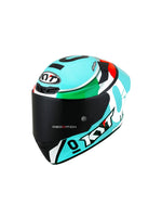 KYT TT Course Leopard Replica Tricolore (Dellaporta), a high-performance helmet featuring a vibrant tricolore design, advanced safety features, and an aerodynamic shape for optimal comfort and protection on the track.