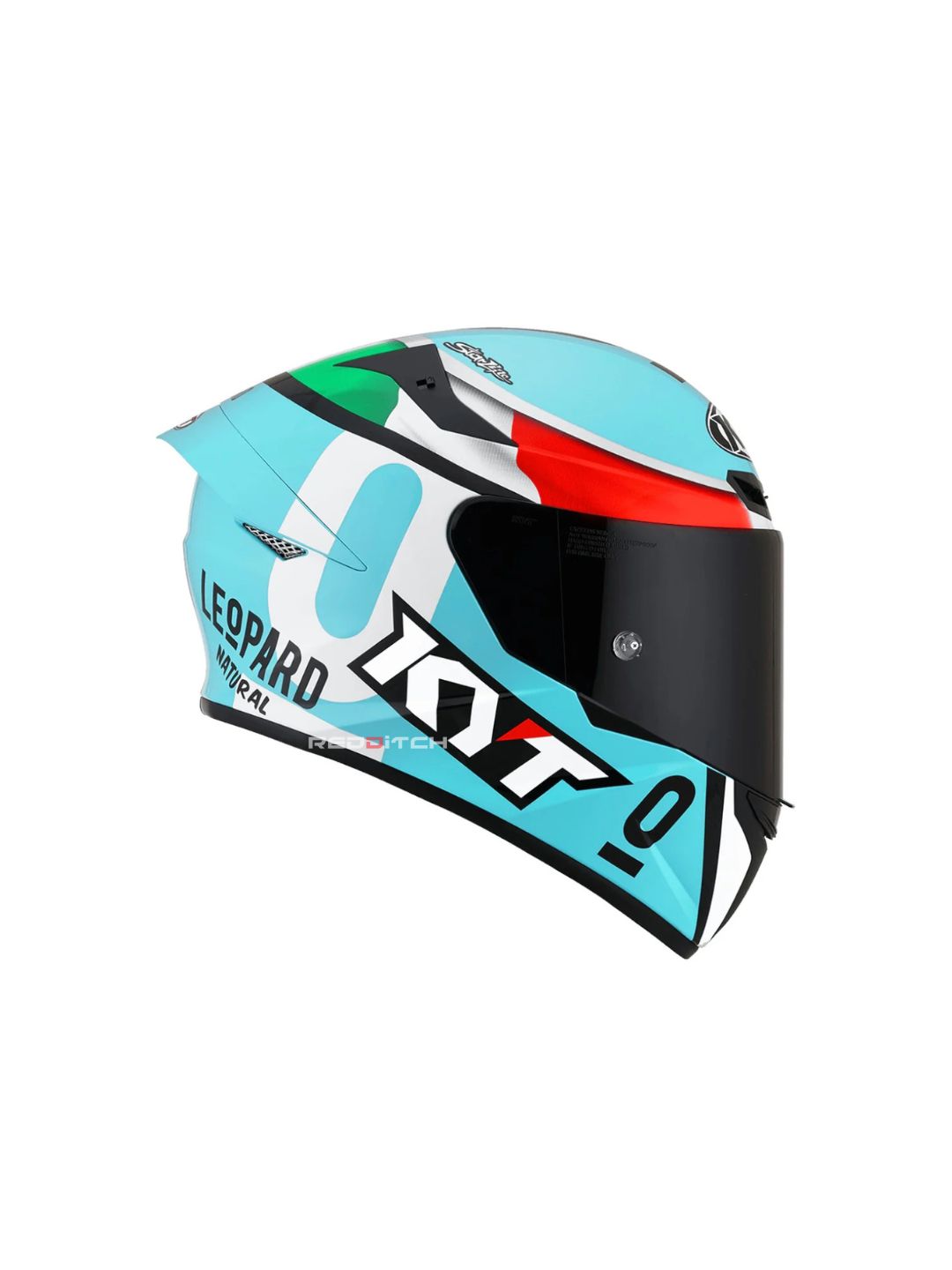 KYT TT Course Leopard Replica Tricolore (Dellaporta), a high-performance helmet featuring a vibrant tricolore design, advanced safety features, and an aerodynamic shape for optimal comfort and protection on the track.