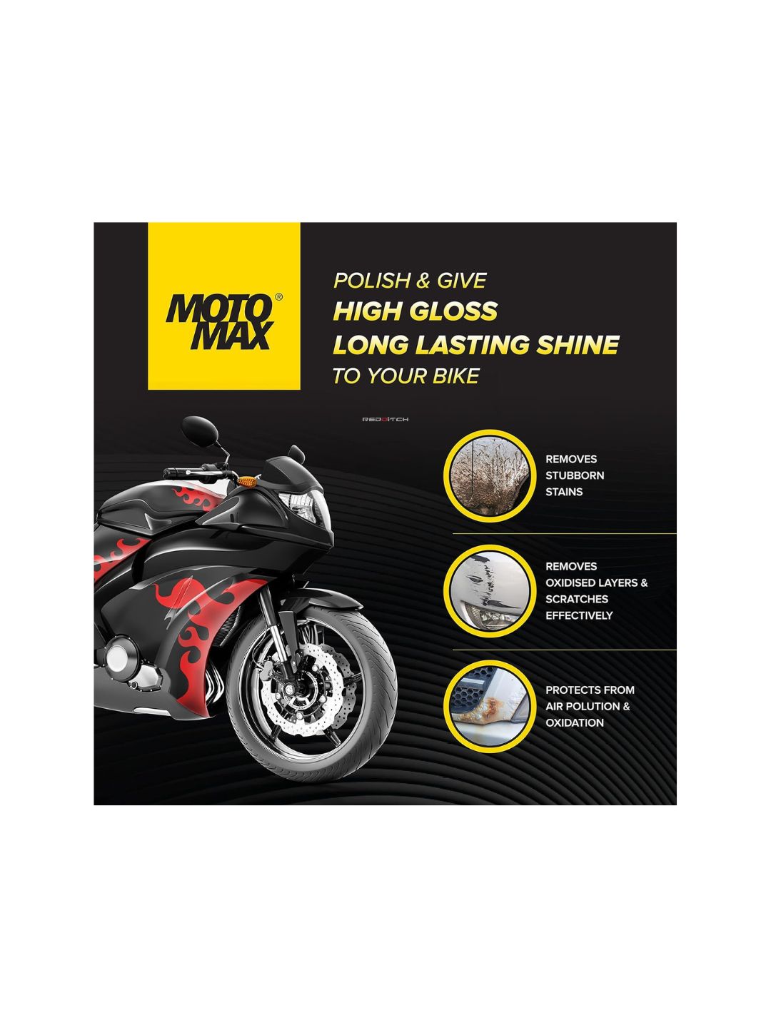 Motomax Liquid Polish (50ml), a premium product designed to restore shine and provide a smooth, glossy finish to your motorcycle, protecting the surface from dirt, dust, and UV damage.