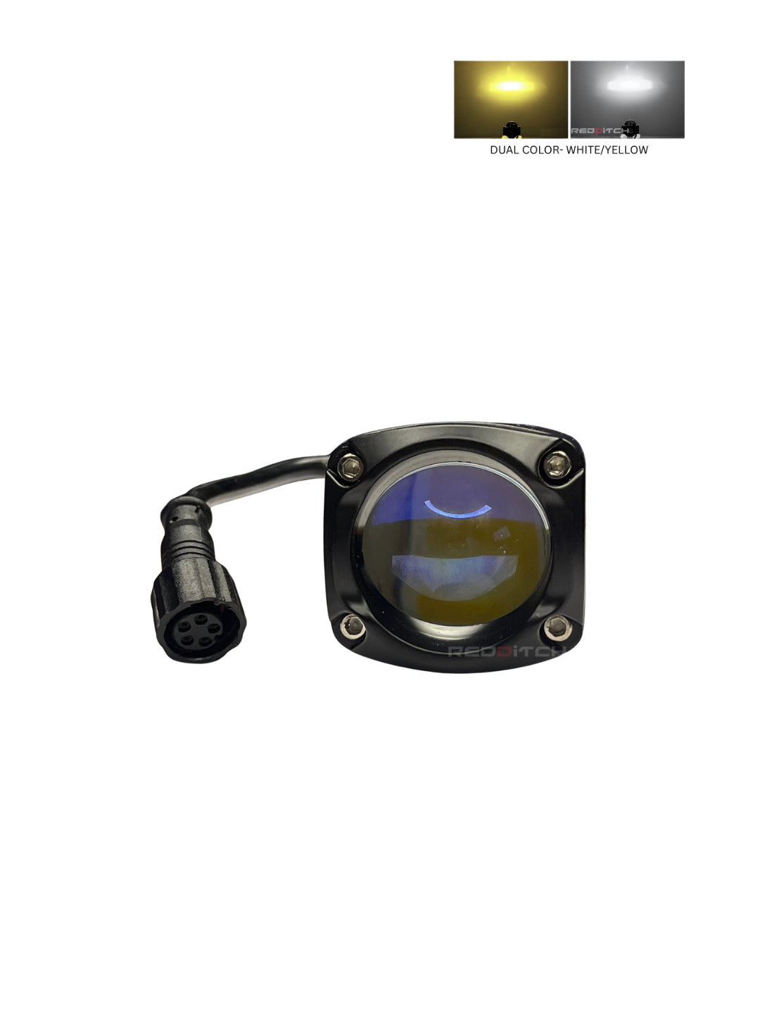 LED light component with dual color options on a white background