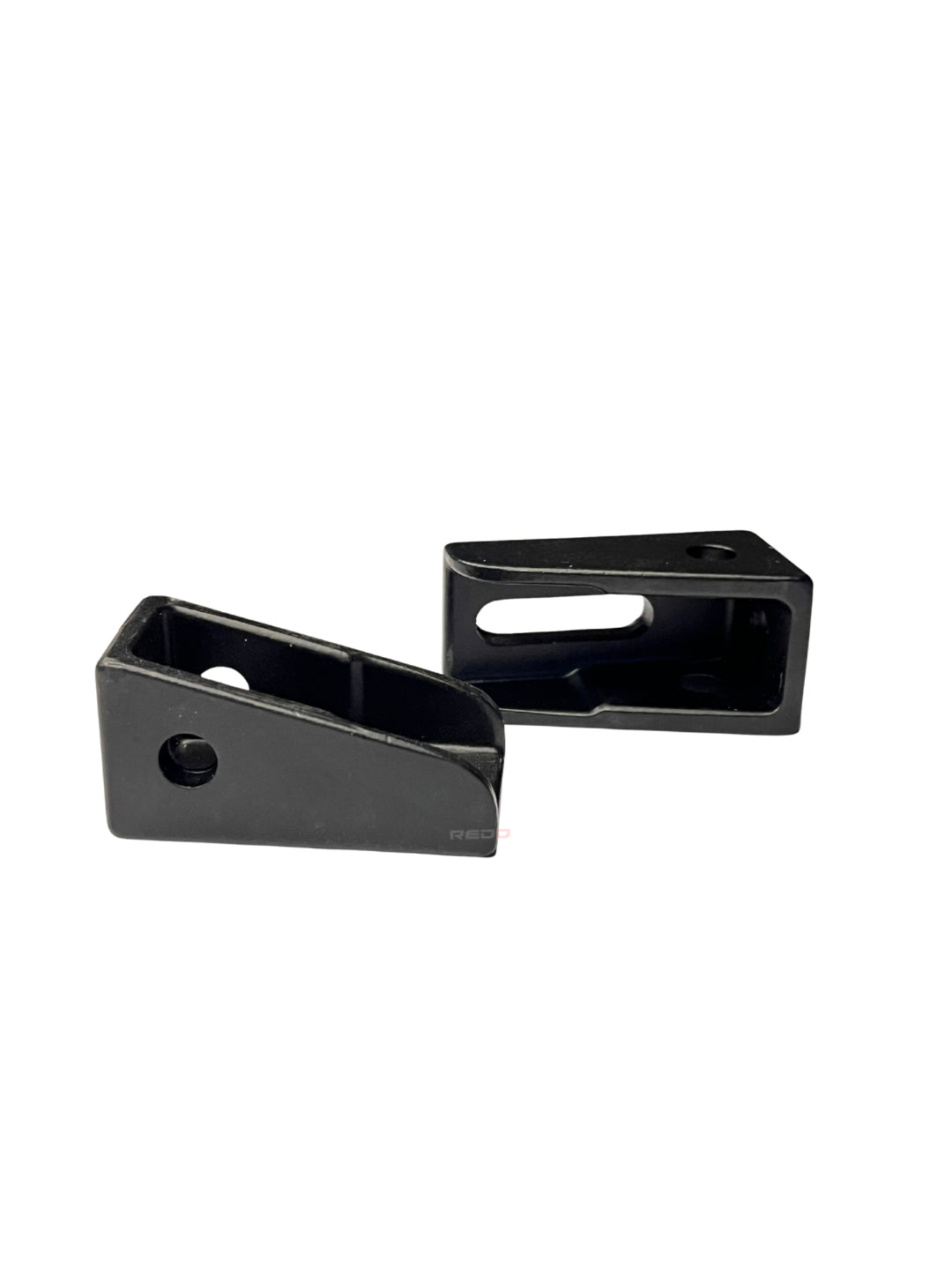 Two black metal brackets on a white background