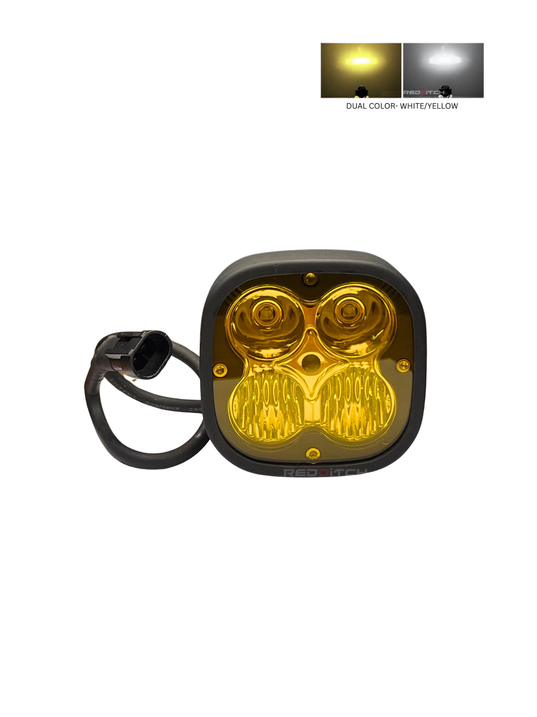 Yellow LED light with black casing on a white background