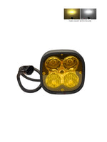 Yellow LED light with black casing on a white background