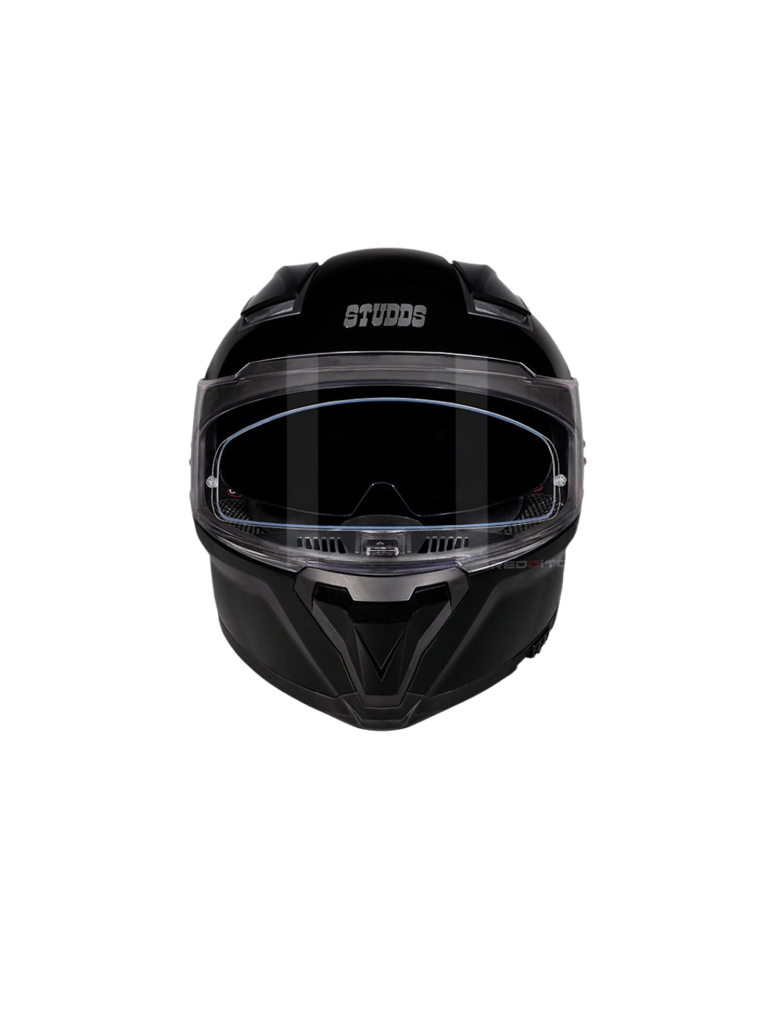 Black motorcycle helmet with clear visor on a white background