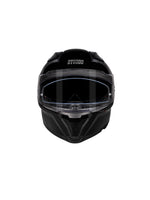 Black motorcycle helmet with clear visor on a white background