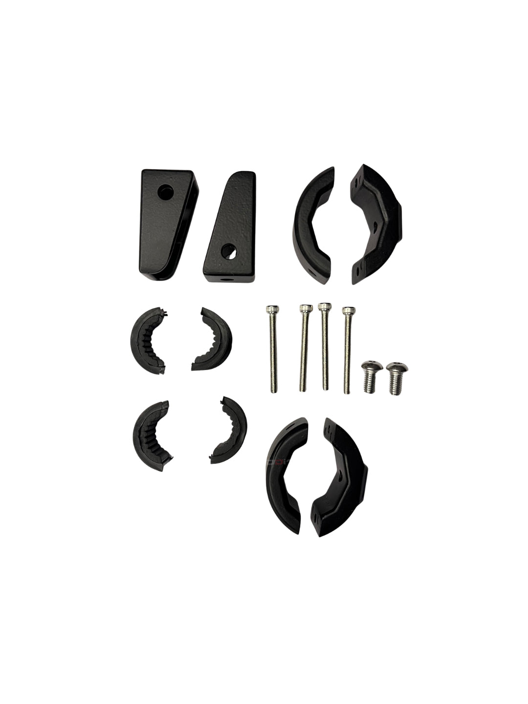 Set of black mechanical components and screws on a white background