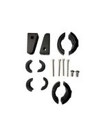Set of black mechanical components and screws on a white background