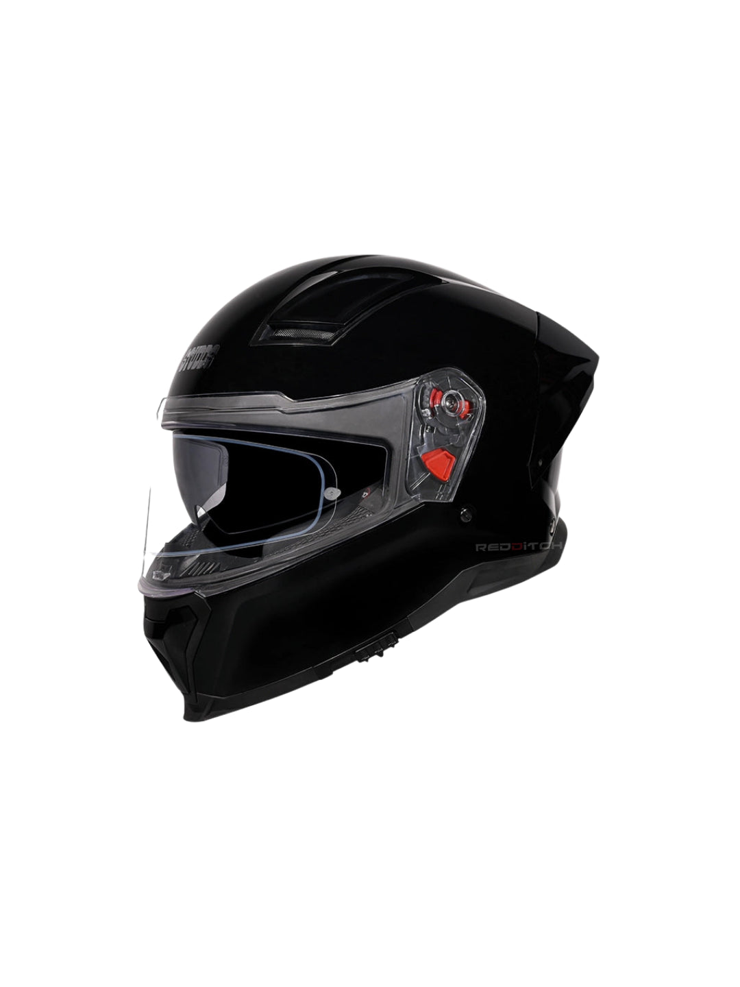 Black motorcycle helmet with clear visor on a white background