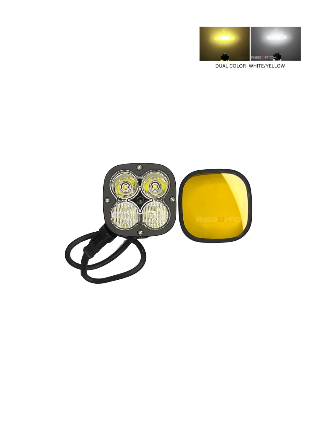 LED light with yellow lens and black casing on a white background