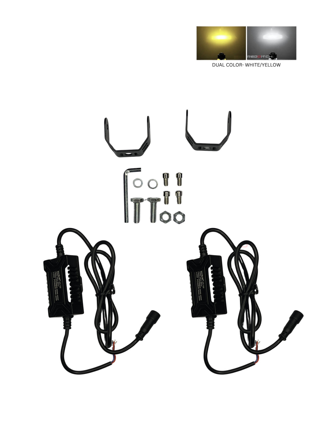 Set of car lights with wiring harnesses on a white background