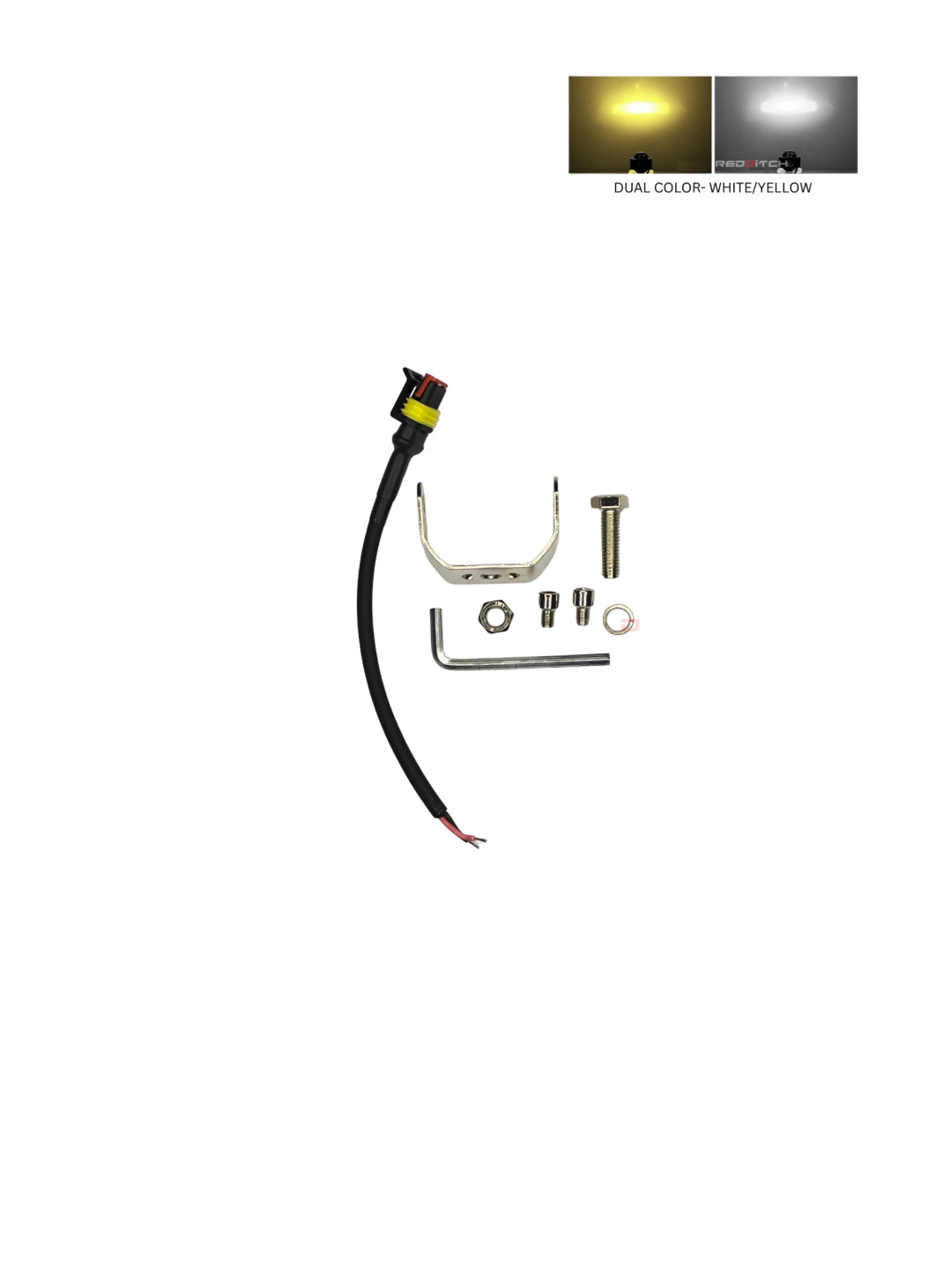 Car light assembly with wiring and mounting hardware on a white background