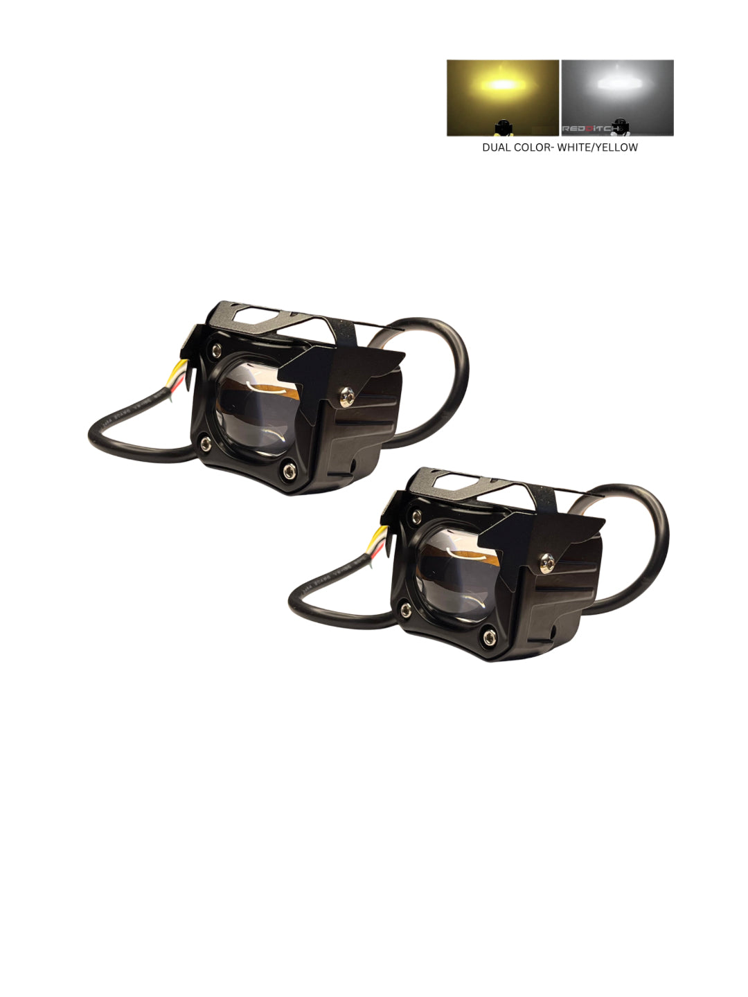 Two black LED lights with dual color options on a white background