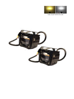 Two black LED lights with dual color options on a white background