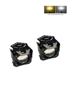 Two LED lights with a black casing on a white background, featuring dual color options.