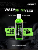 Green bottle of Extreme Wash Shampoo-Wax on a black background with branding and text.