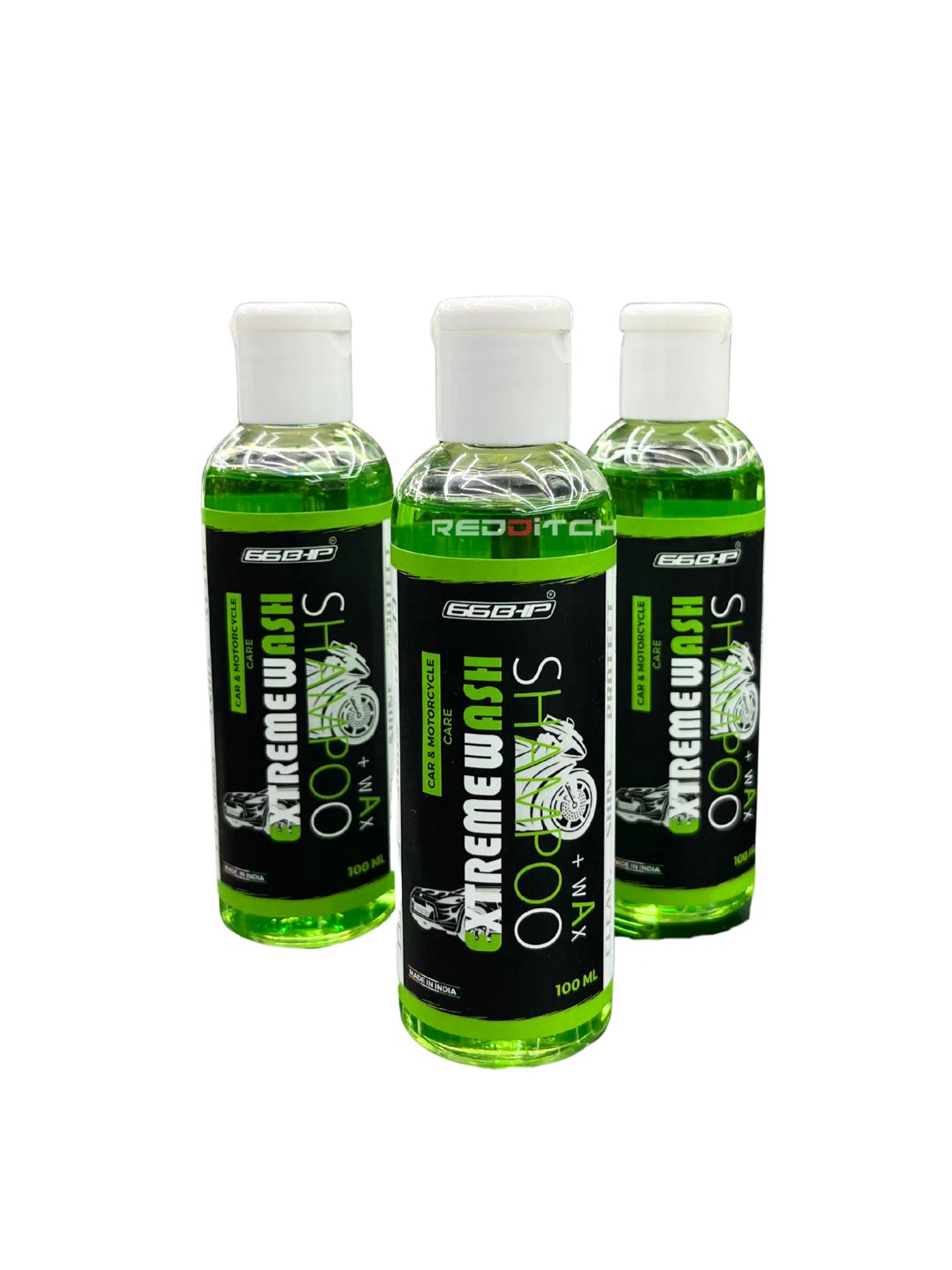 Three bottles of 'Extreme Wash' with green liquid and black labels on a white background.