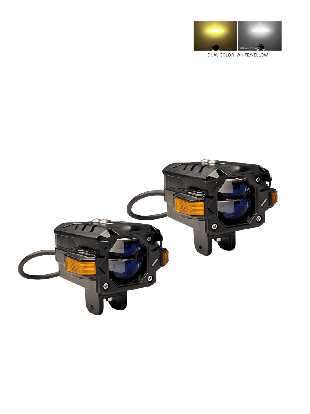 Two black LED lights with orange accents on a white background, showing dual-color white/yellow light.
