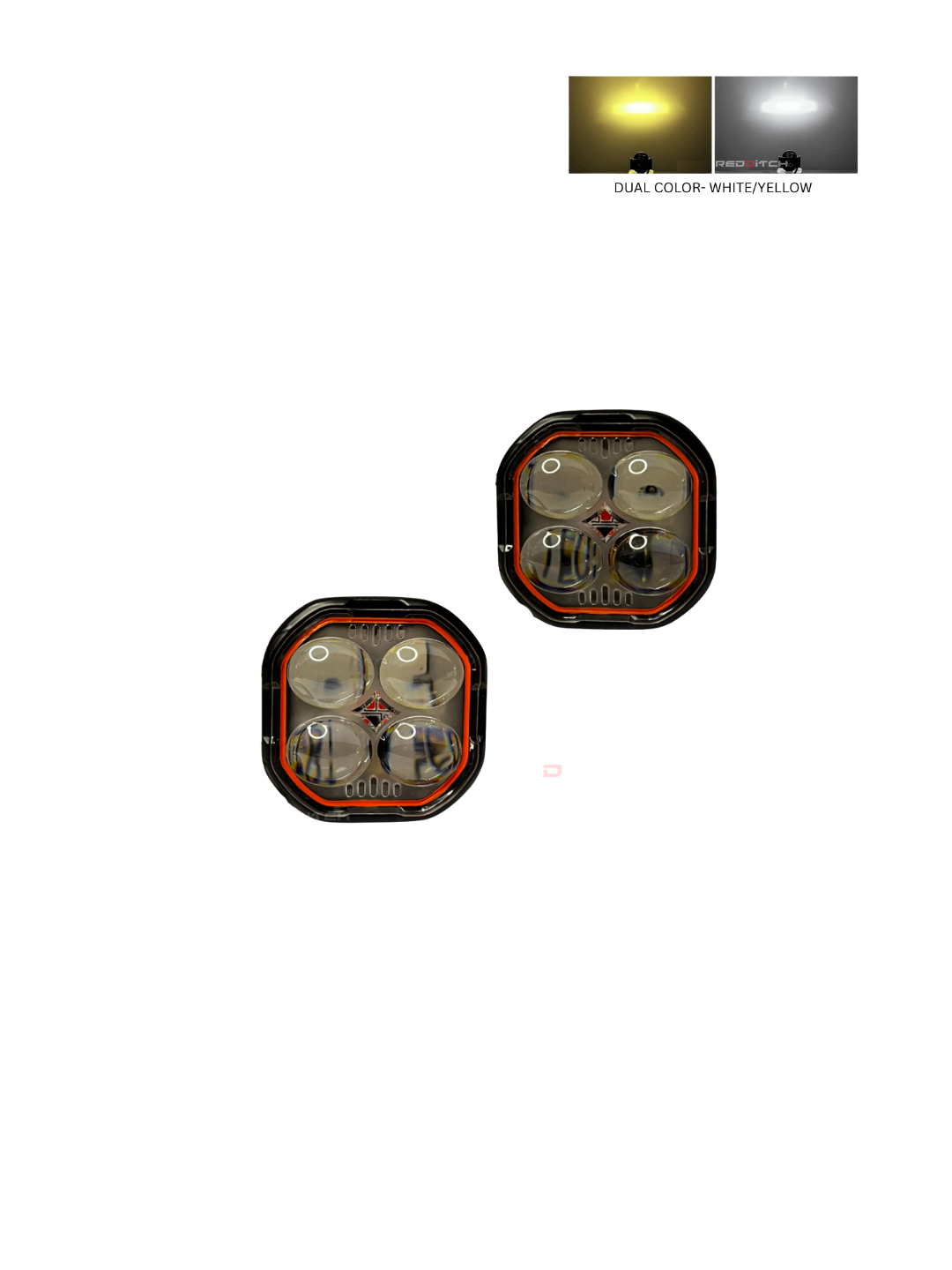 Two LED fog lights with dual color options on a white background.