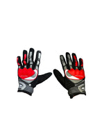 Pair of black, red, and gray gloves on a white background