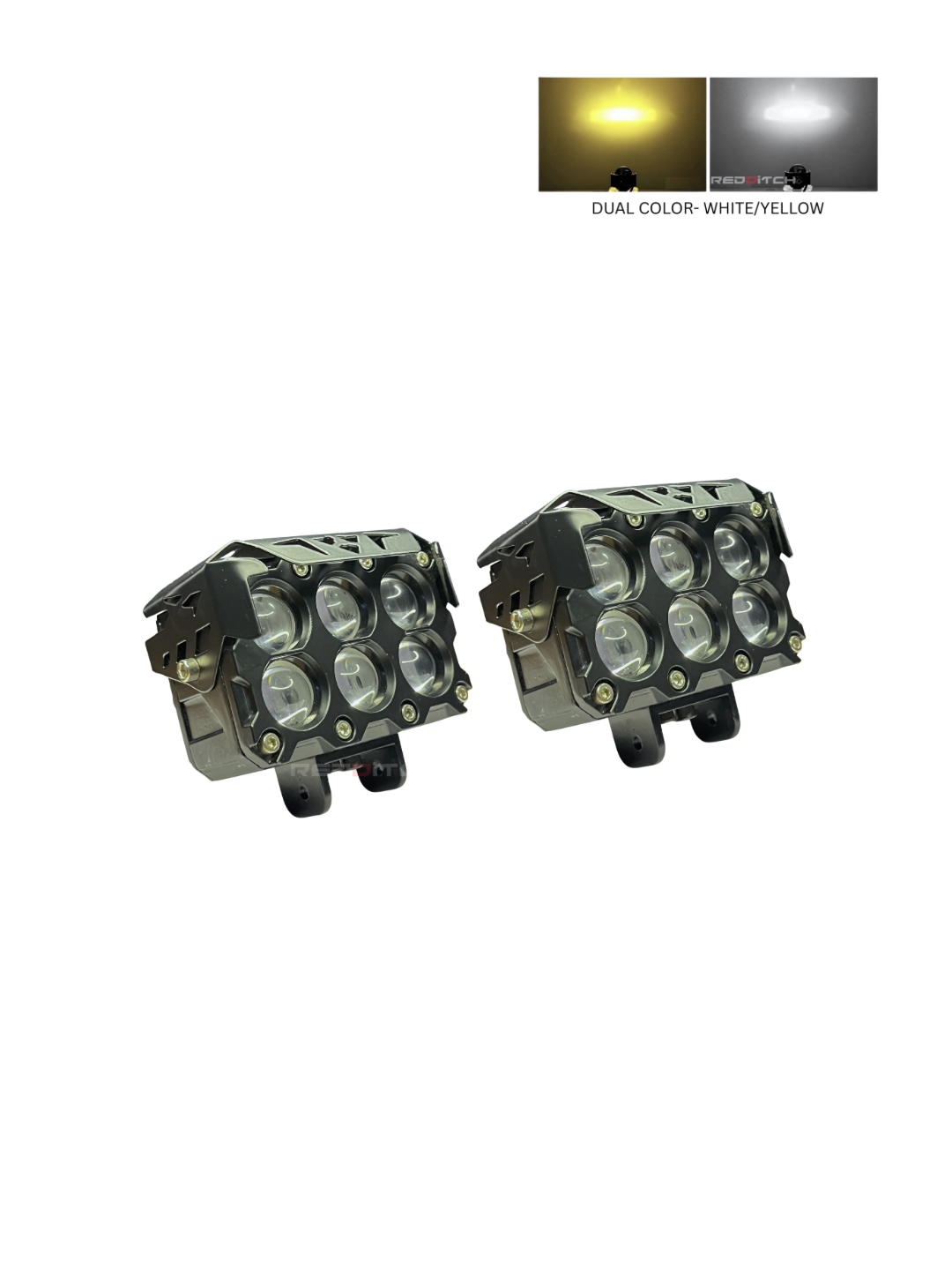 Two LED work lights with dual color options on a white background