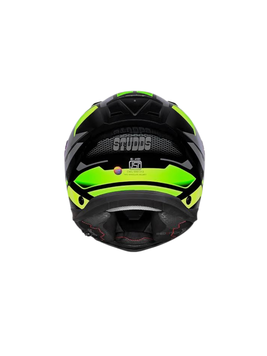 Black and green helmet with 'Studds' branding on a white background