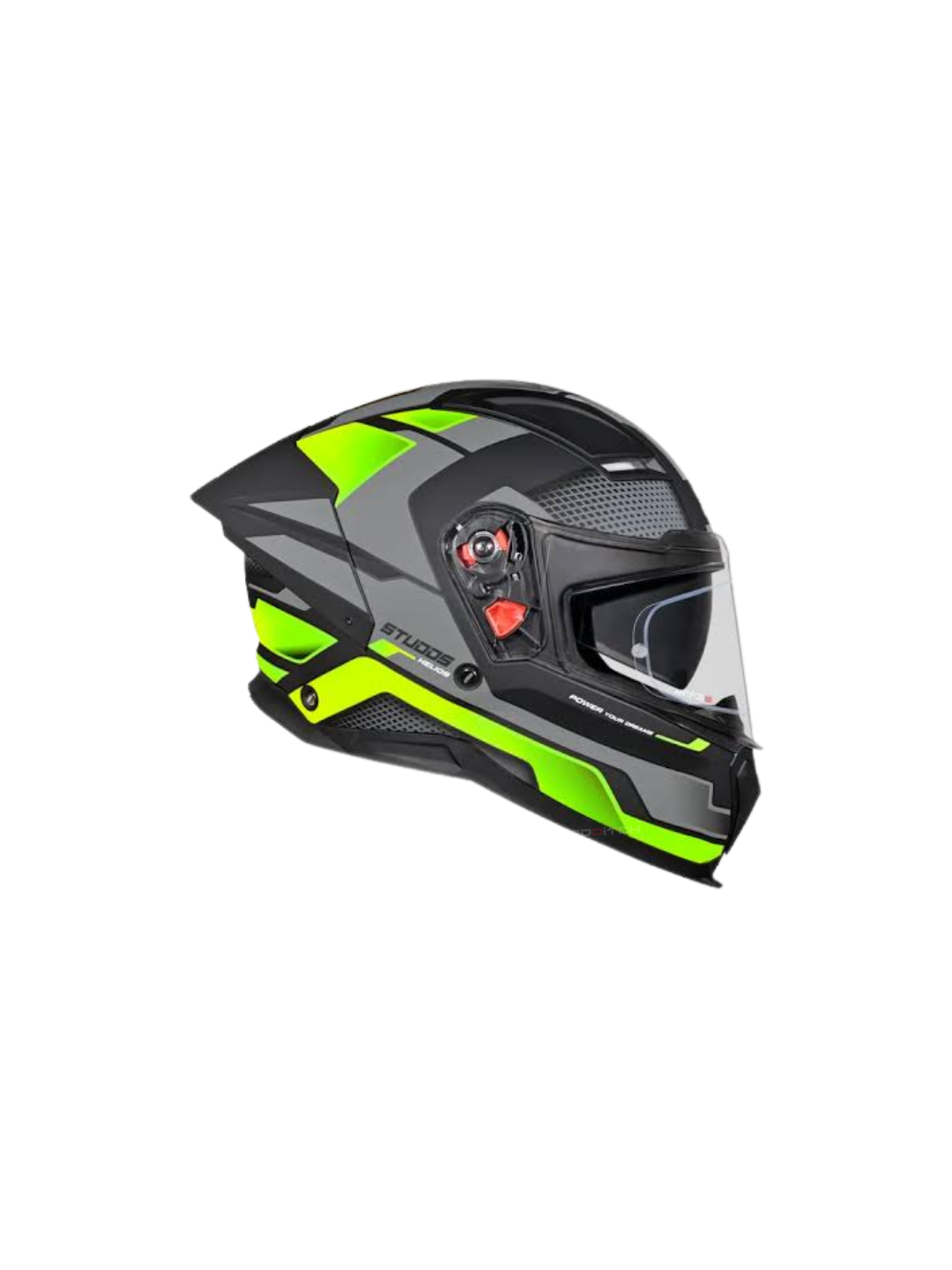 Black and green motorcycle helmet on a white background