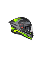 Black and green motorcycle helmet on a white background