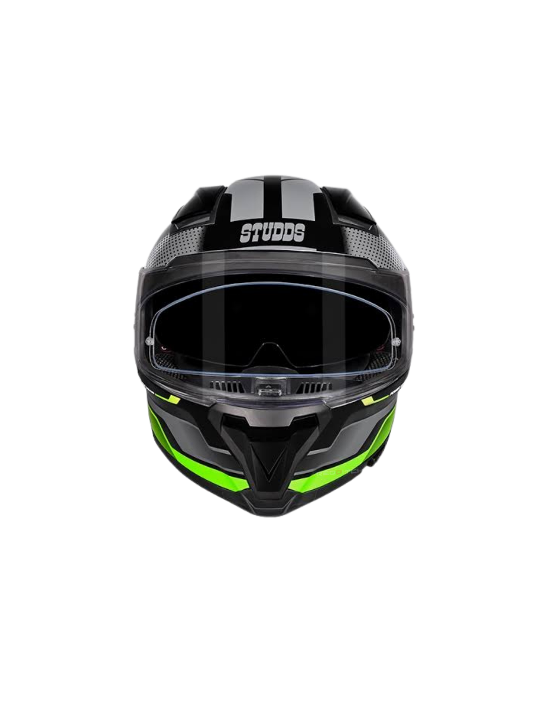 Black and green motorcycle helmet with 'Studds' branding on a white background