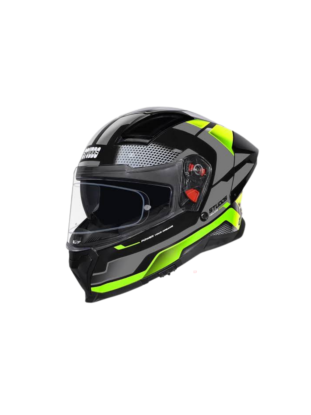 Black and green motorcycle helmet on a white background