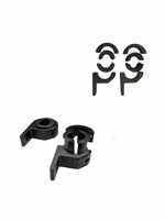 Two black metal components on a white background with a logo above them.