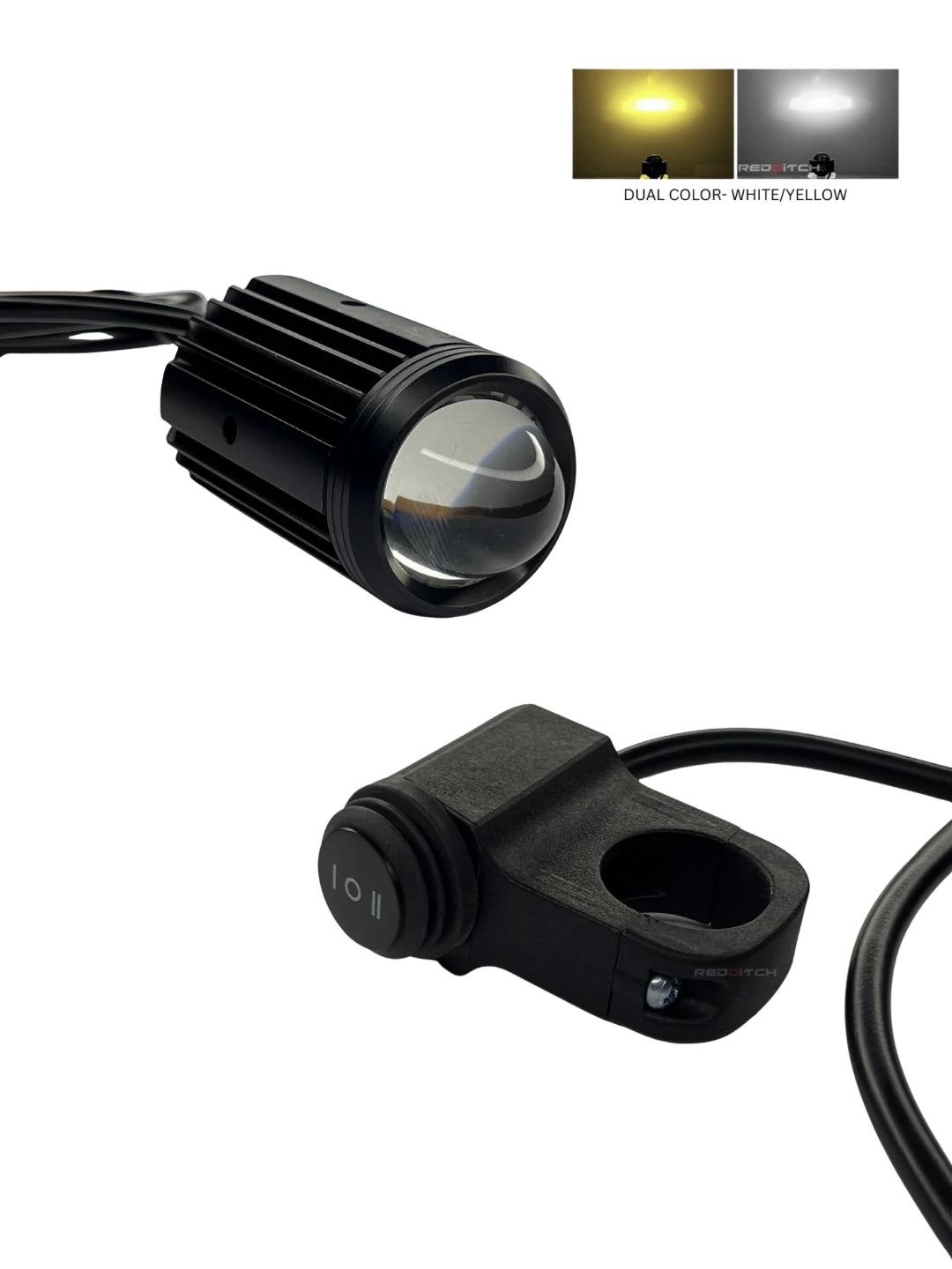 Black motorcycle light with dual-color option on a white background
