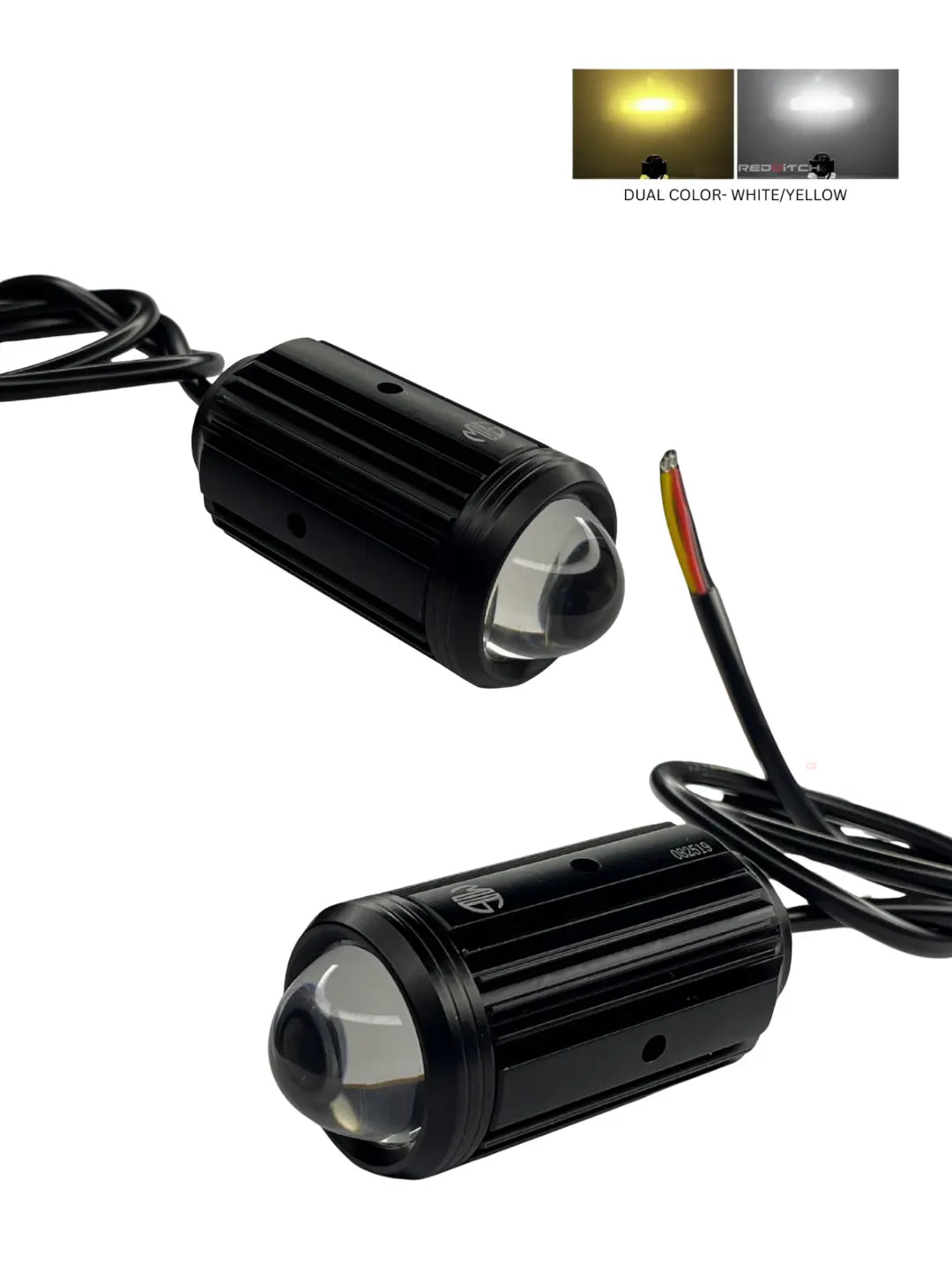 Two black LED lights with wiring on a white background, featuring dual color options.
