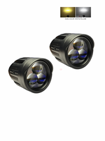 Two black LED lights with dual-color options on a white background