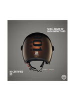 The Royal Enfield MLG Copter Face Helmet in Brown features a long visor for superior wind protection and clear visibility. Its stylish design and premium build ensure comfort and safety for every ride.