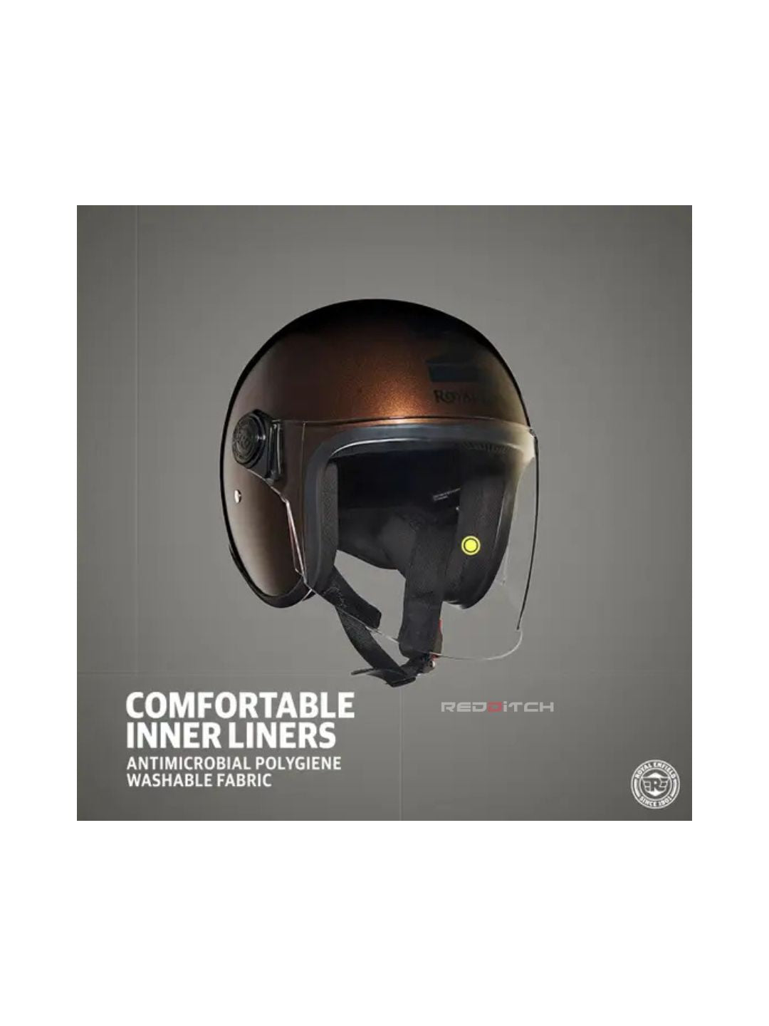 The Royal Enfield MLG Copter Face Helmet in Brown features a long visor for superior wind protection and clear visibility. Its stylish design and premium build ensure comfort and safety for every ride.