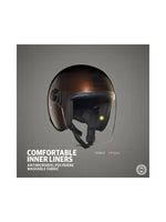 The Royal Enfield MLG Copter Face Helmet in Brown features a long visor for superior wind protection and clear visibility. Its stylish design and premium build ensure comfort and safety for every ride.