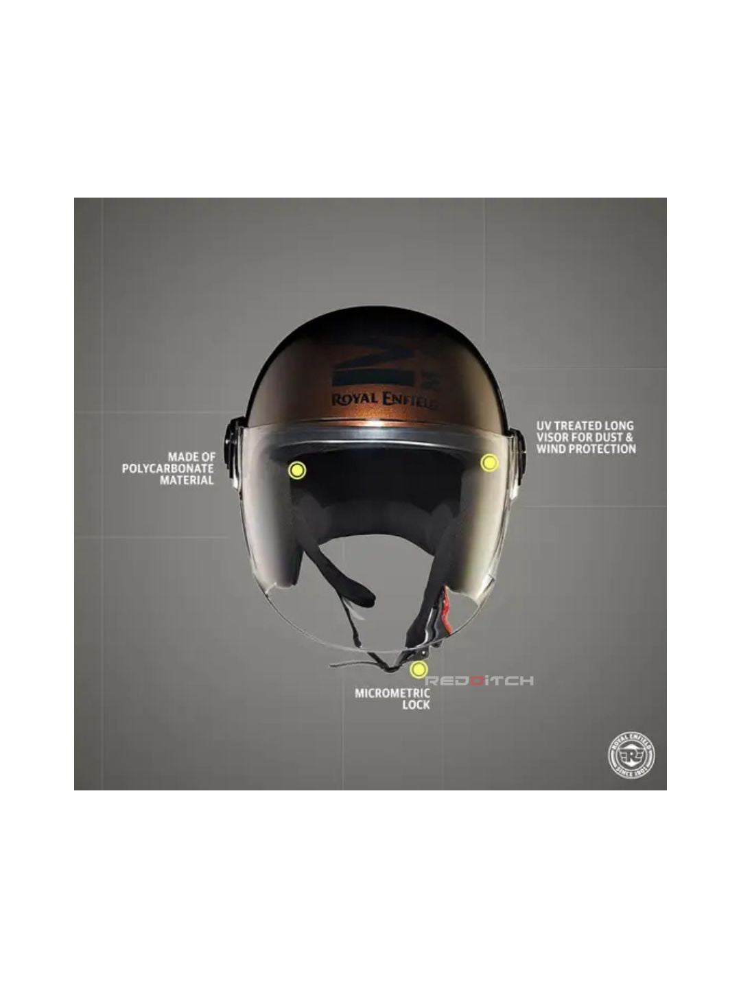 The Royal Enfield MLG Copter Face Helmet in Brown features a long visor for superior wind protection and clear visibility. Its stylish design and premium build ensure comfort and safety for every ride.