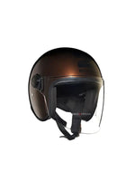 The Royal Enfield MLG Copter Face Helmet in Brown features a long visor for superior wind protection and clear visibility. Its stylish design and premium build ensure comfort and safety for every ride.