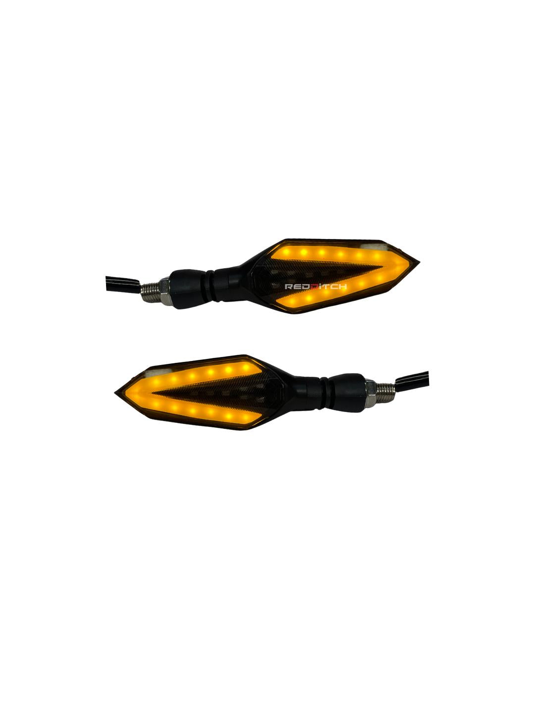 Spear Arrow Indicator 2.0 with dual lighting functionality, illuminating bright yellow for signaling and red for braking, enhancing safety and visibility.