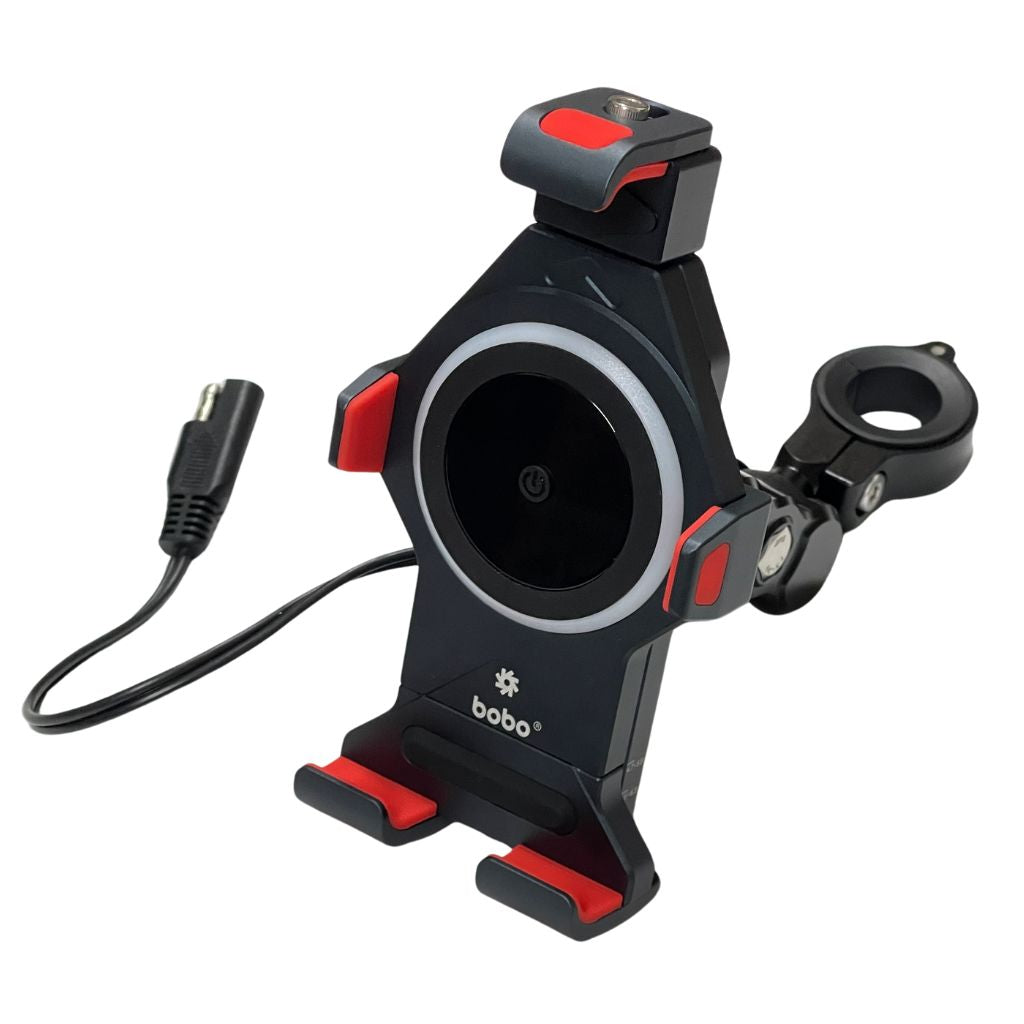 Bobo BM16 Anti-Vibration Bike Phone Holder with a 15W Wireless Charger, black with red and gray accents, mounted on a handlebar.