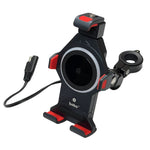 Bobo BM16 Anti-Vibration Bike Phone Holder with a 15W Wireless Charger, black with red and gray accents, mounted on a handlebar.