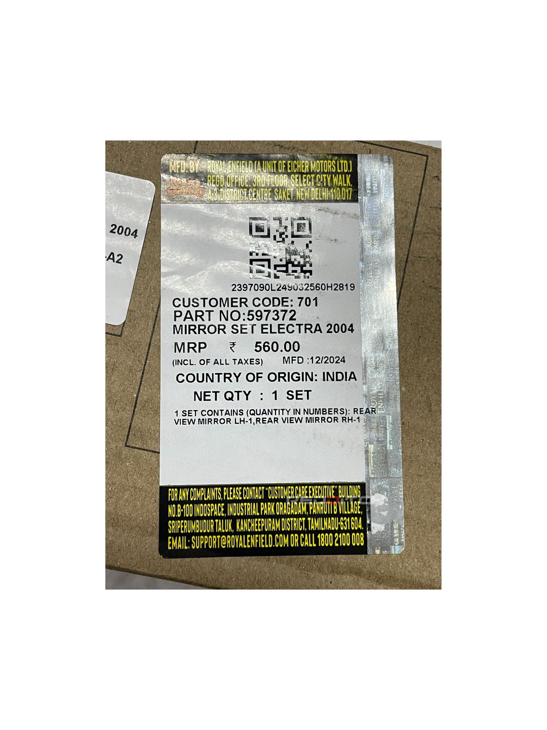 **ALT Text:** MIRROR SET ELECTRA 2004 (Part No: 597372) – Premium quality mirror set designed for Royal Enfield Electra 2004. Ensures clear visibility, durability, and a classic look. Available at the **best motor accessory shop in India**.